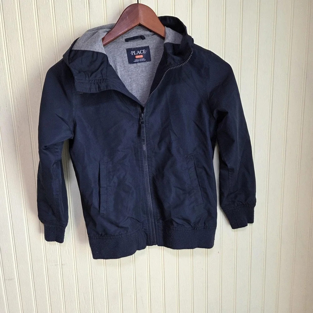 PLACE Jacket Youth Medium 7/8 Blue Hooded Full Zip Fleece Lined Windbreaker